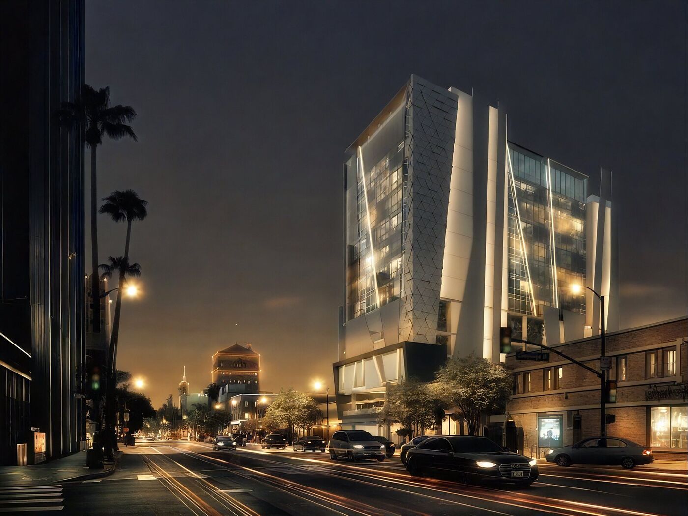 Nighttime architectural rendering of the approved 175-key Sunset Hotel showing illuminated facade and street activity